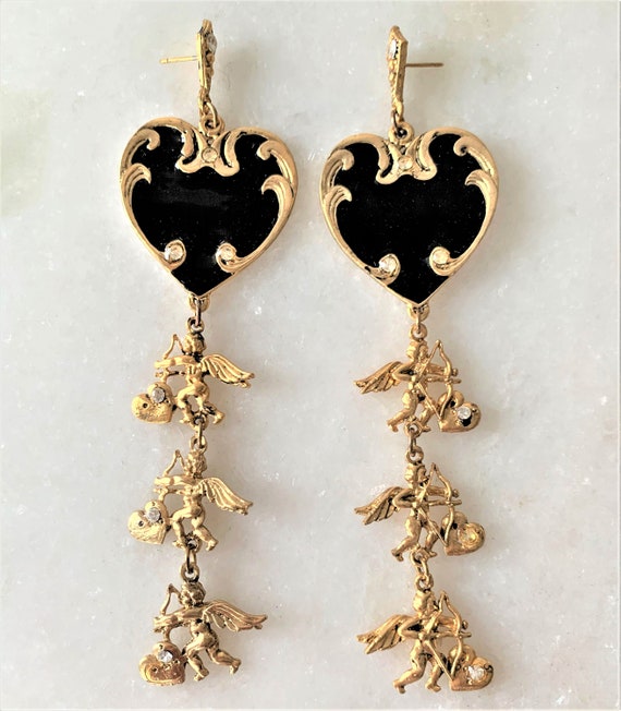 Antique Gold Black Enamel Hearts & Cupids Drop Pi… - image 9