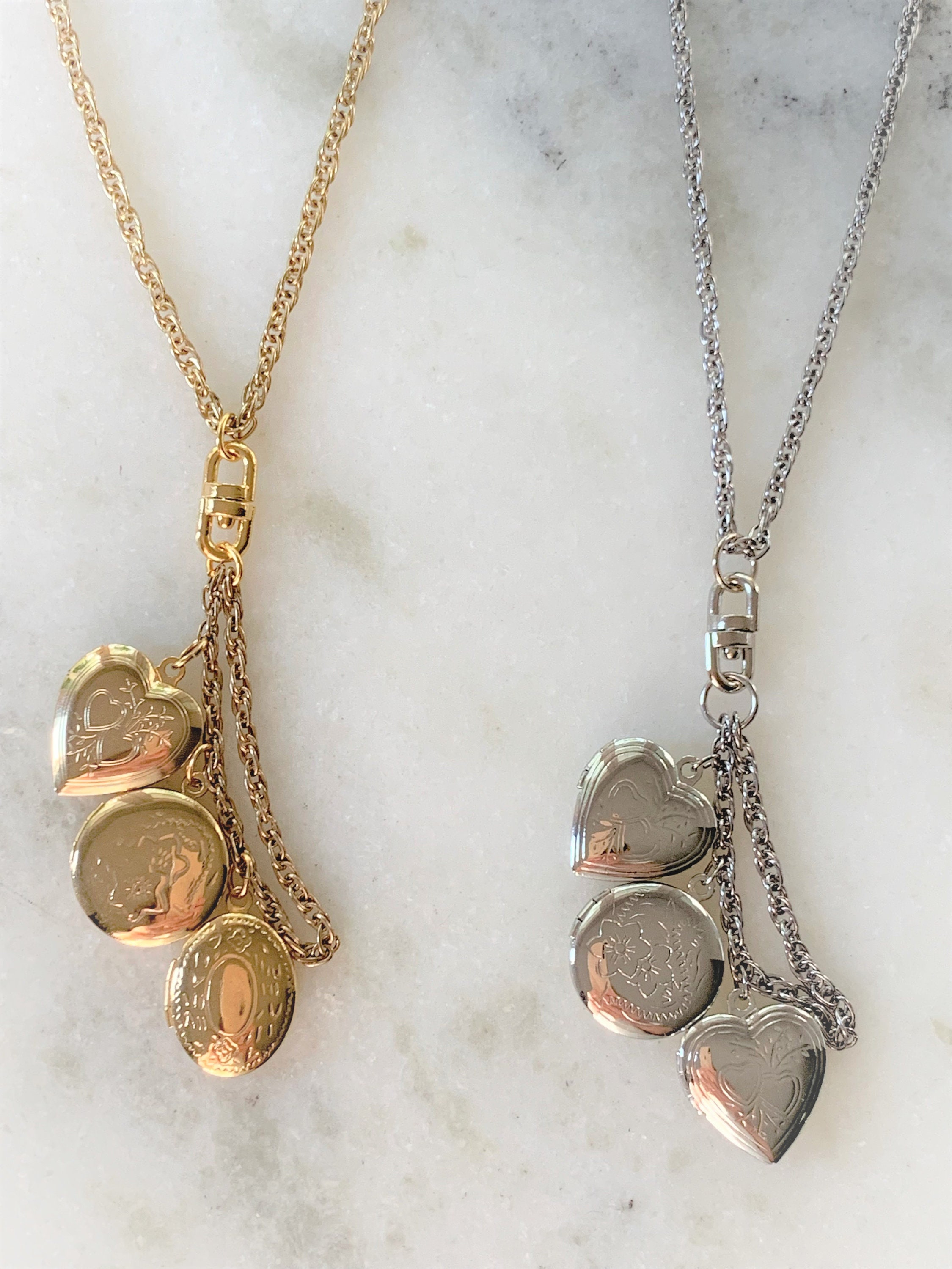 Locket Necklaces: Monogram Trio, Gold, Oval, Gray by Shutterfly
