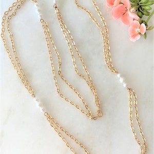 48&quot; Gold Tone Two Row Oval Link Chain Necklace with White Trio Pearl Connectors & Gold Tone Spring Ring Clasp