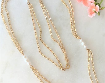 48" Gold Tone Two Row Oval Link Chain Necklace with White Trio Pearl Connectors & Gold Tone Spring Ring Clasp