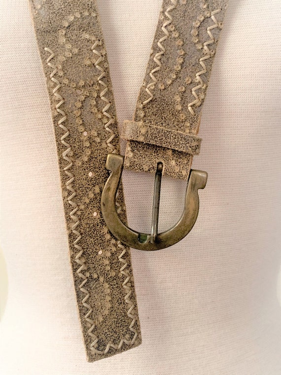 Embossed Crackle Leather Braided Belt with Large … - image 5