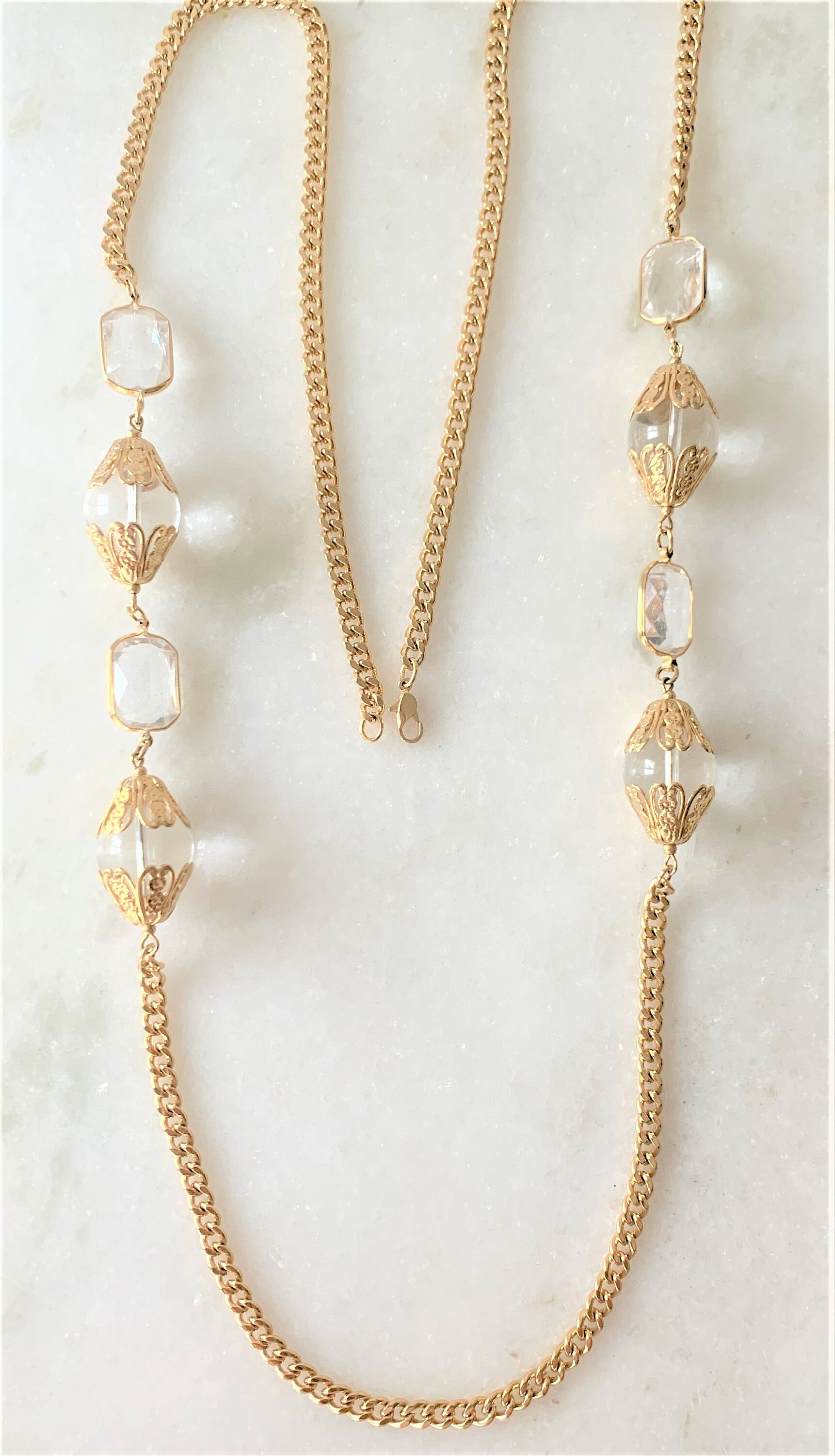 Gold Flat Curb Chain 40" Necklace with Emerald Cut Crystal Open Bezels & Crystal Lucite Oblong Beads with Filigree Caps - Made in USA