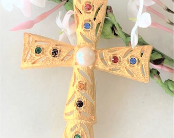 Textured Cut Out Cross Brooch & Pendant in Matte Gold w Multi Colored Faceted Crystal Glass Stones and Pearl Cabochon Center - Made in USA