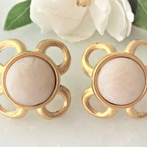 Satin Gold Tone Open Looped Pierced Earrings Hand Set with Pale Marbled Matte Lucite Cabochons - 2 Colors - Made in USA