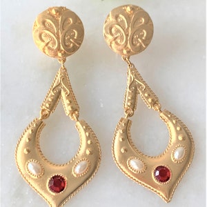 Byzantine Satin Gold Drop Clip On Earrings Hand Set with Oval Pearl Cabochons & Faceted Gems - 4 Colors - Made in USA