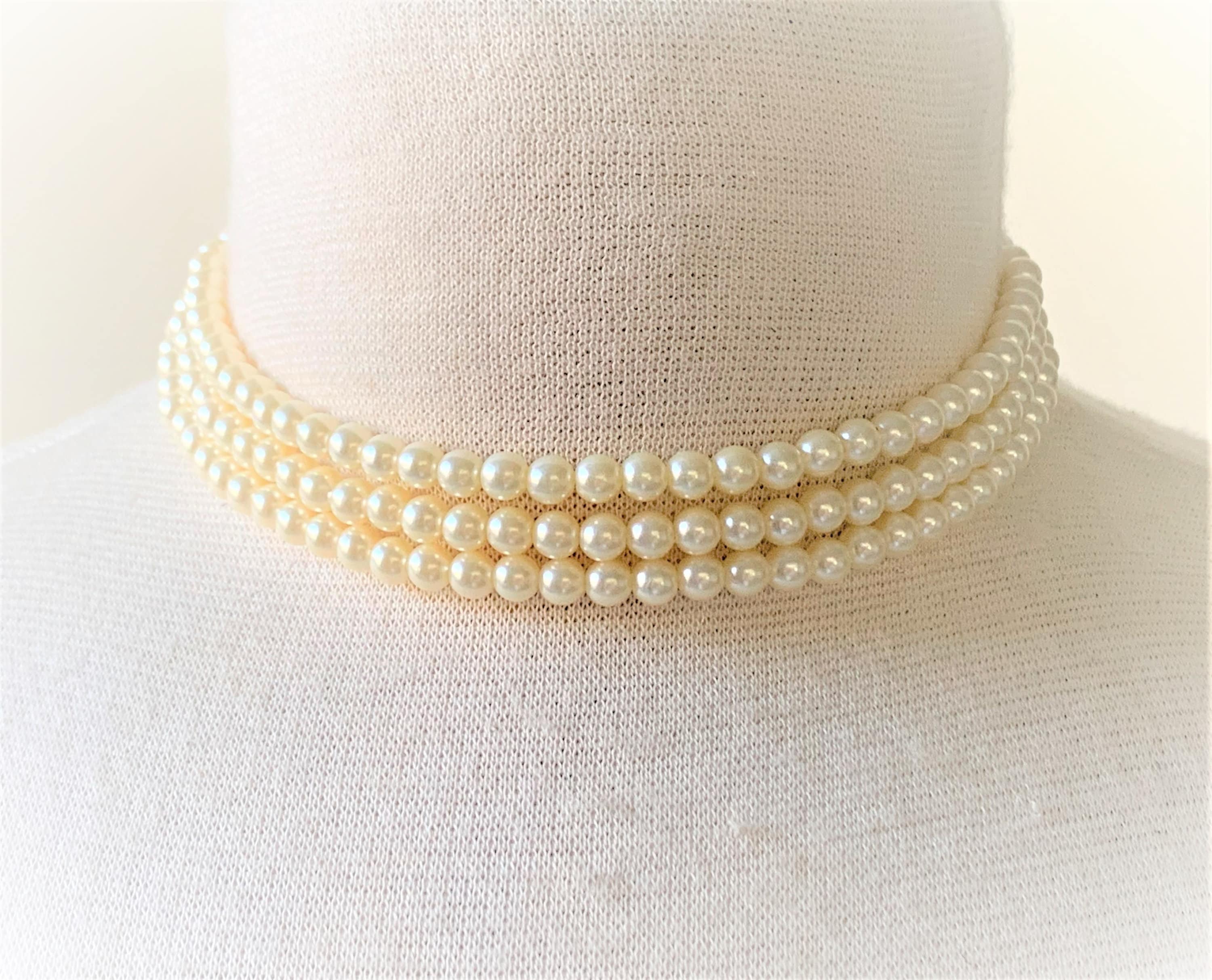 Lady of Spain 3 Row Hand Strung Pearl Choker With Gold Tone