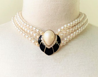 Triple Pearl Glass Necklace with Teardrop Shaped Black Enamel & Pearl Center Embellished with Crystals - Gold Tone Box Clasp with  Crystals