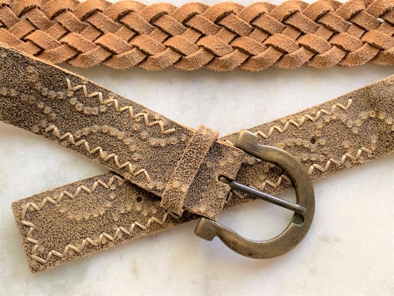 Embossed Crackle Leather Braided Belt with Large … - image 1