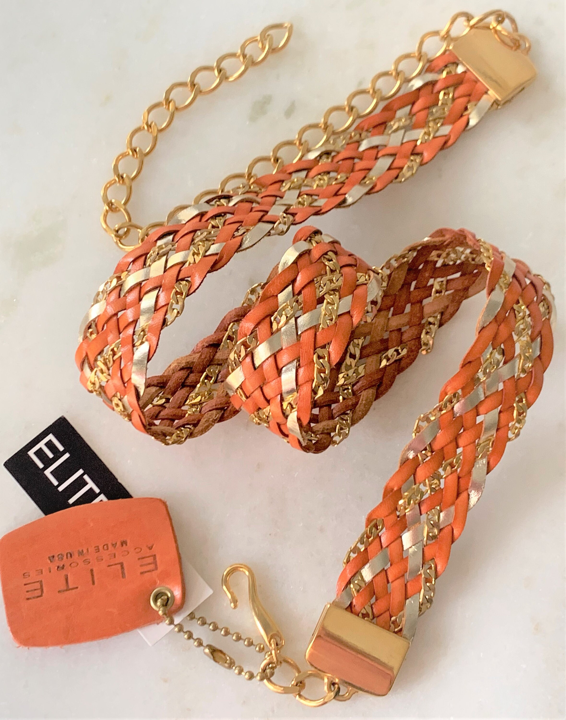 Italian Leather & Gold Chain Braided Belt With Gold Link  display picture 1