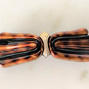 French Tortoise/Black/Matte Gold Bow Automatic Curved Barrette - Made in France