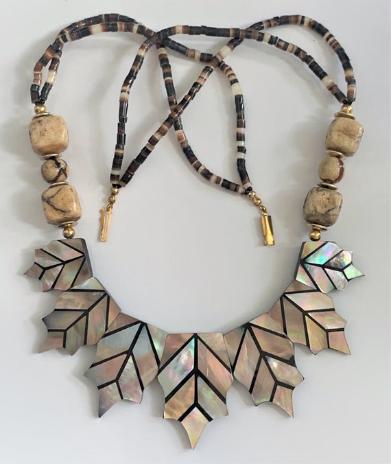 Mother of Pearl Inlay Leaf Necklace Hand Crafted … - image 2