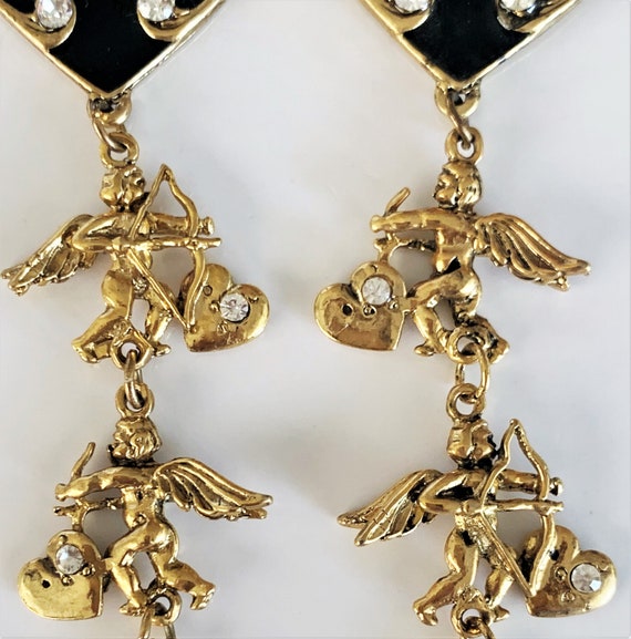 Antique Gold Black Enamel Hearts & Cupids Drop Pi… - image 6