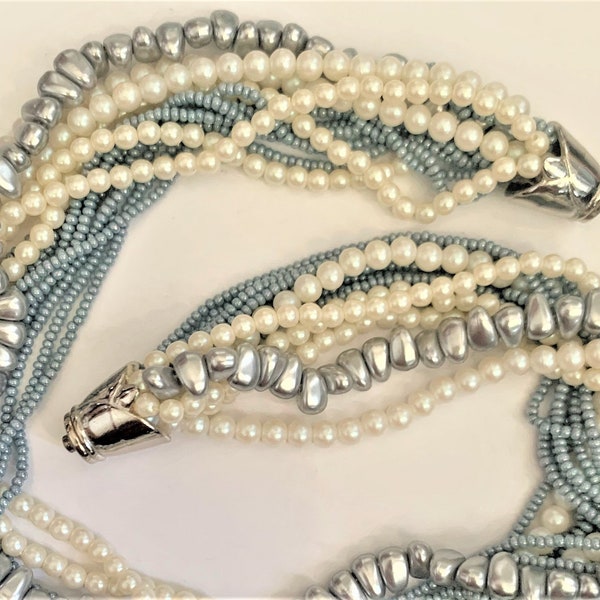 Grey & Cream Glass Pearl Multi Strand Torsade Necklace with Silver Tone Ornamental Snap Clasp