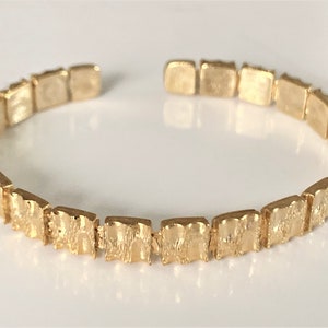 Hand Crafted Hammered Wood Grain Square Links Gold Tone Adjustable Cuff Bracelet  - 1/4" Wide - Made in USA