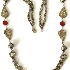 Vintage Bezel Stones & Antique Gold Embossed Double Row Cable Chain 30” Necklace - Ruby or Emerald