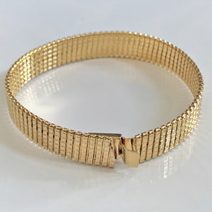 May include: A gold-toned metal bracelet with a flexible, woven design. The bracelet has a clasp closure.