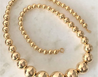 Vintage Graduated Polished Gold or Silver Ball Bead 24”, 30” Necklace Strung on Metal Chain - 2 Colors - Gold or Silver