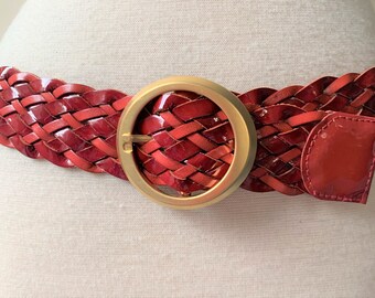 Italian Red Leather & Patent Leather Hand Woven Belt with Satin Gold Tone Buckle - Made in USA by Elite