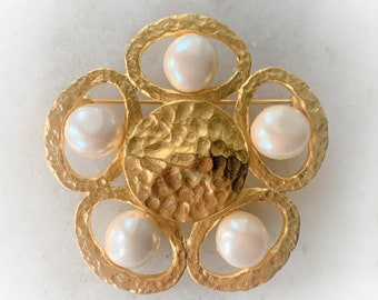 CRAFT Signed Gilt Hammered Satin Gold Tone Metal Brooch with Baroque Imitation Pearl Cabochons  - Made in USA