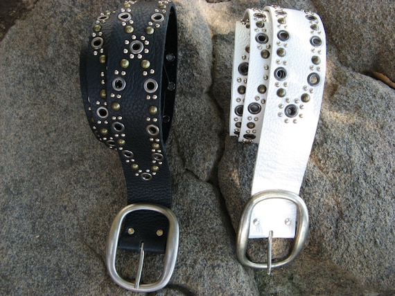 Studded Mixed Metal Leather Belt – Antique Silver Buckle  display picture 1