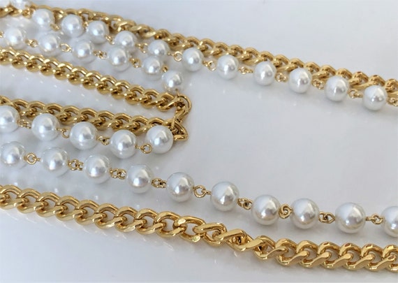 36" Heavy Gold Curb Chain & White Faux Pearl Chai… - image 7