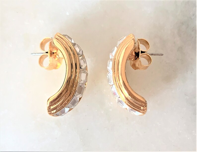 Made in USA Polished Gold Tone Curl /& Ribbed Pierced Earrings Hand Set with Faceted Square Crystal Center Stones