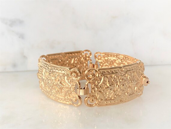 Floral Repousse Gold Tone Connector Bracelet with… - image 2
