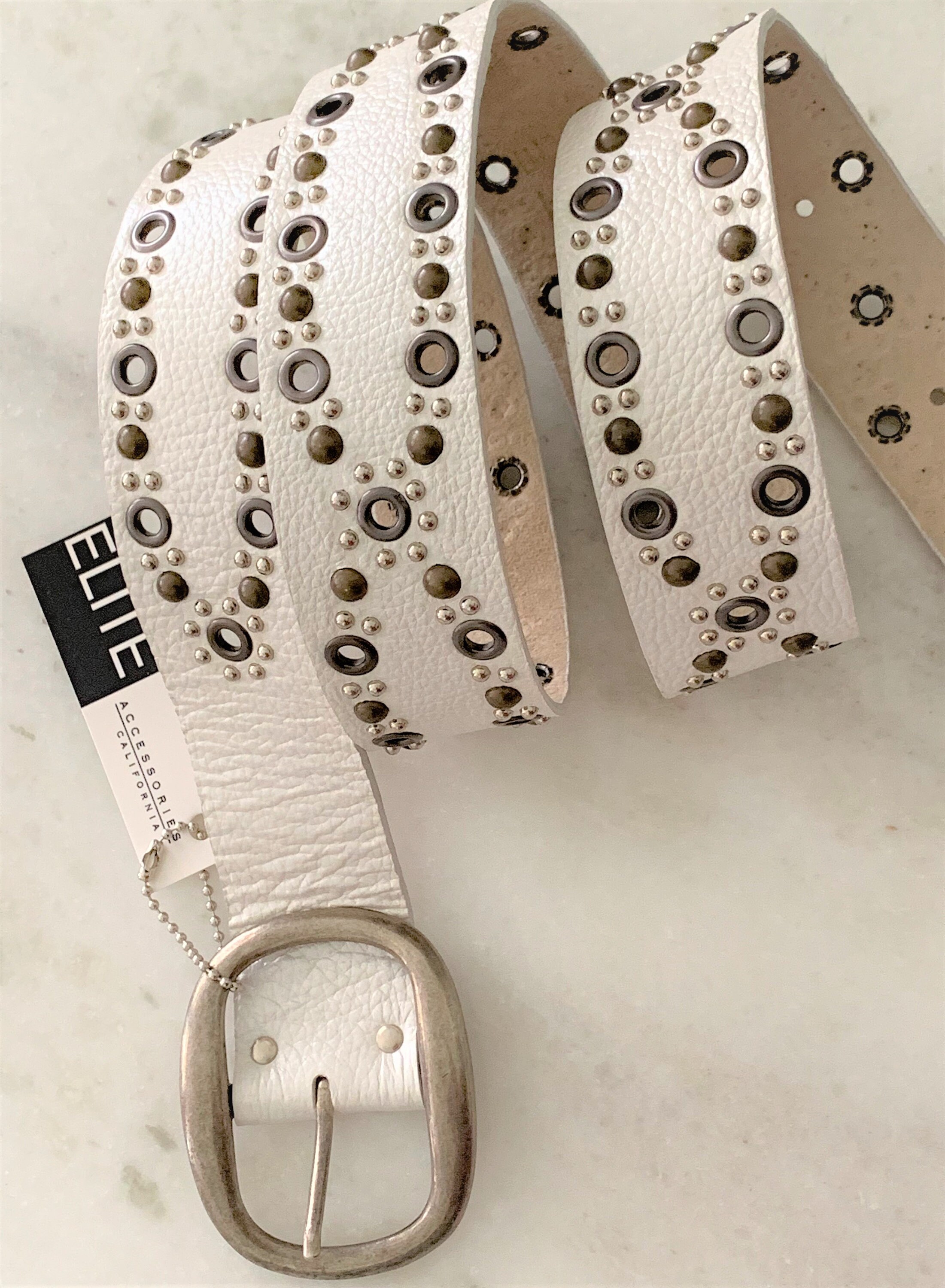 Studded Mixed Metal Leather Belt – Antique Silver Buckle  display picture 1