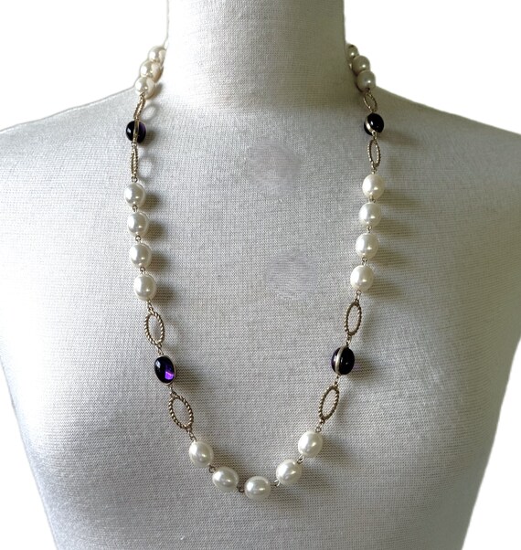 Gold Plated 30" Oval Faux Pearl Chain & Oval Luci… - image 9