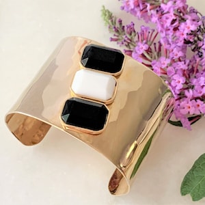Slight Hammered Texture Polished Gold Tone 2" Wide Cuff Bracelet with Faceted Framed Stones - Made in USA