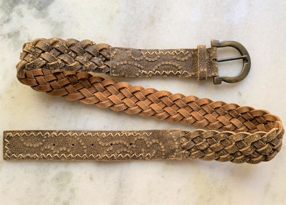 Embossed Crackle Leather Braided Belt with Large … - image 3