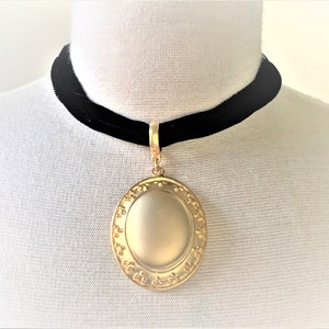 Satin Gold Tone Large Oval Pendant Necklace on Black Velvet Cord with Adjustable Chain and Hook Closure - Made in USA
