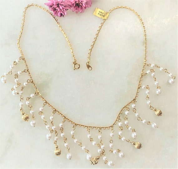 Gold Plated Dainty Chain Fringe Necklace with Whi… - image 10