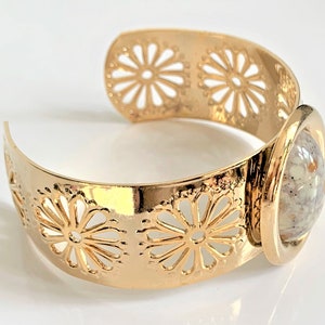 Wide Floral Cut Out Gold Tone Metal Cuff Hand Set with Framed Marbled Cabochon - Made in USA - 2 Colors