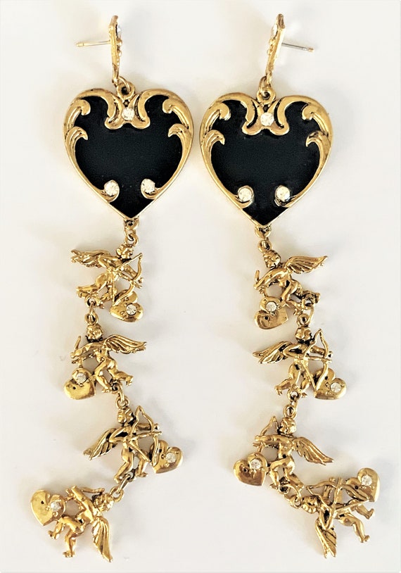 Antique Gold Black Enamel Hearts & Cupids Drop Pi… - image 7