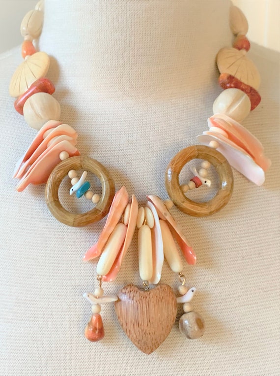 Coral, Shell, Bone and Carved Wood 19" Wooden Hear