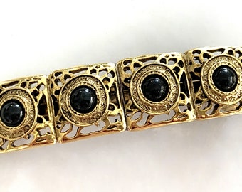 Vintage Gold Tone Barrette - Etched Metal with Black Cabochons - USA Made