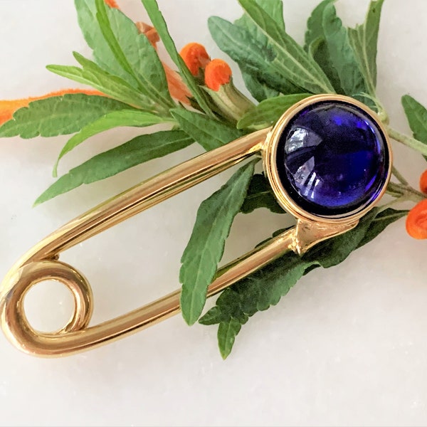 Large Gemstone Cabochon Safety Pin Brooch in Polished Gold Tone - 3 Colors - Made in USA