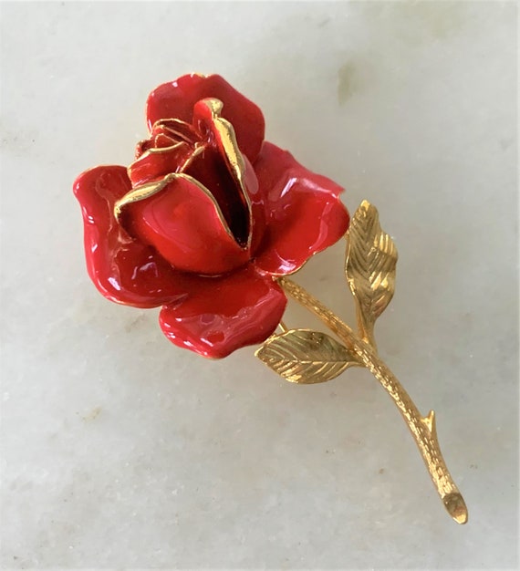 Hand Painted Red Enamel Single Rose with Gold Ton… - image 2