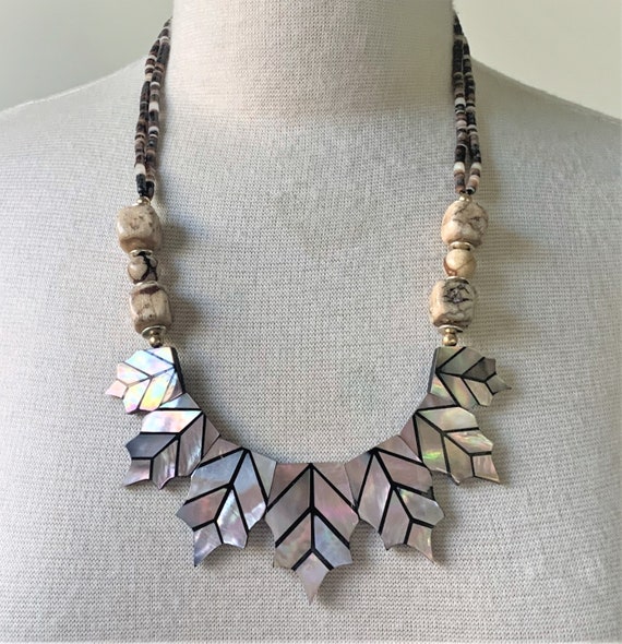 Mother of Pearl Inlay Leaf Necklace Hand Crafted … - image 3