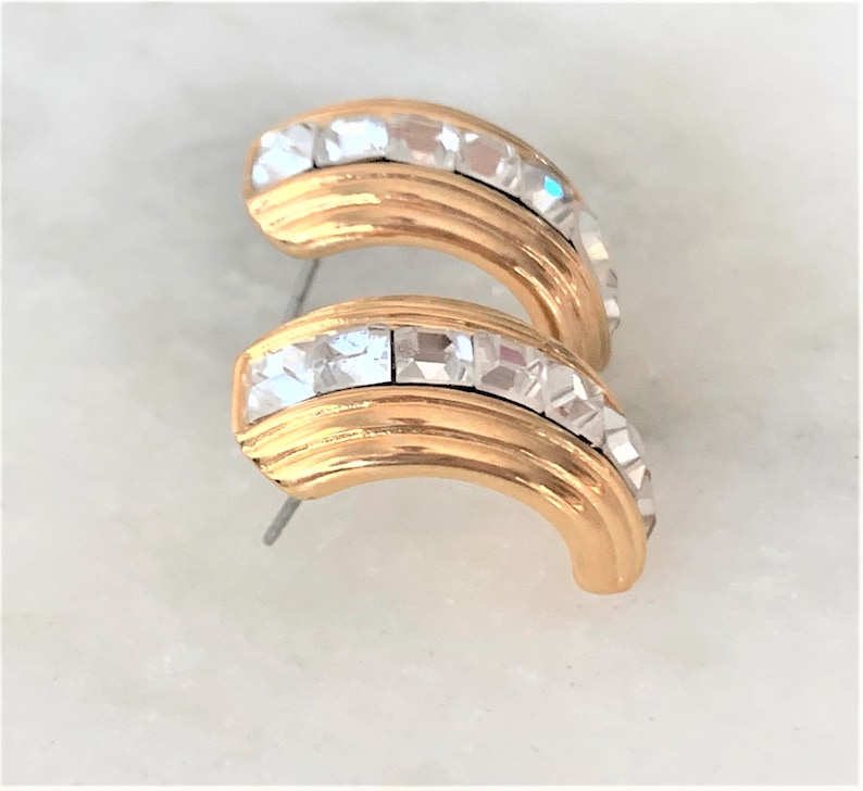 Made in USA Polished Gold Tone Curl /& Ribbed Pierced Earrings Hand Set with Faceted Square Crystal Center Stones