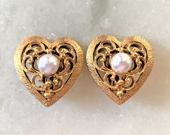 Antique Gold Tone Open Filigree Heart Clip On Earrings with Center Dome Pearl - Made in USA