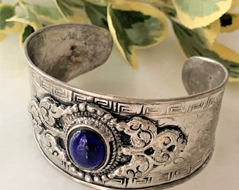 ブレスレット Blue Floral Stone Cuff Bracelet Blue Quartz Silver Floral Bangle Cuff Bracelet, 925 Sterling