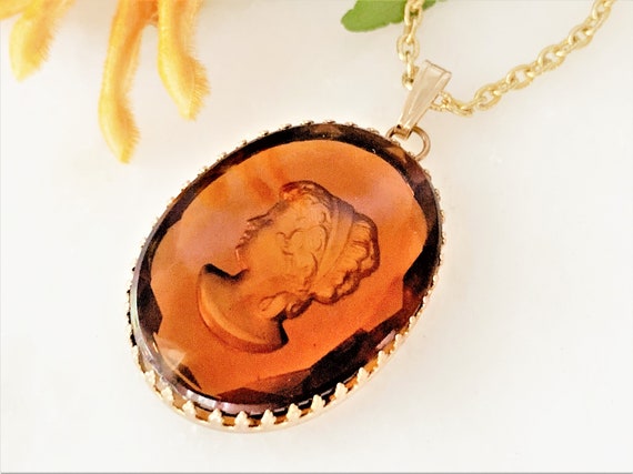 Amber Cut Glass Victorian Revival Intaglio Revers… - image 9