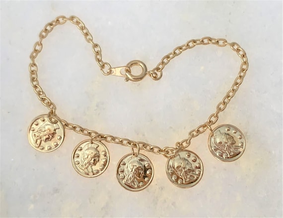 Dainty Gold Tone Coin Bracelet on Link Chain with… - image 3
