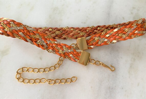 gold chain belt with braided links and Gold Braided Metal Chain Belt With Leopard Head Clasps. One  main image 4