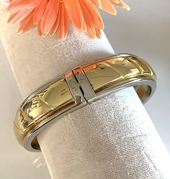 Two Tone Angular Ribbed Oblong Hinged Bracelet - image 1