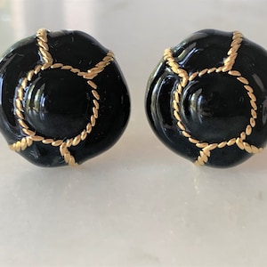 Black Enamel & Gold Tone Rope Detail Clip On Earrings with Cushion Backs - Made in USA