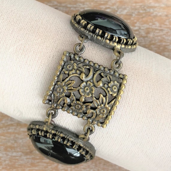 Black Cabochon Etruscan Style Chunky Link Antique… - image 3