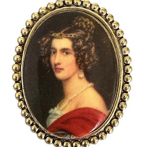 Victorian Revival Style Oval Portrait Cameo Brooch with Gold Tone Beaded Edge